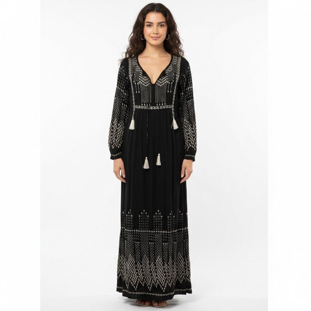 World Market Black Embroidered Tassel Boho Peasant Long Sleeve Maxi Dress S/M